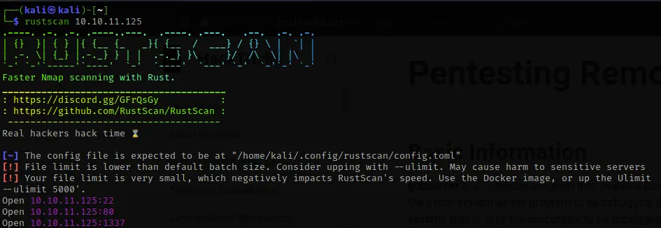RustScan showing ports 22, 80, and 1337