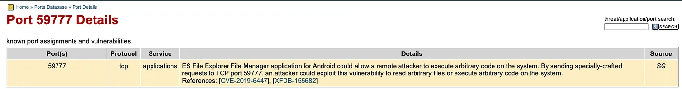 Port 59777 — ES File Explorer vulnerability