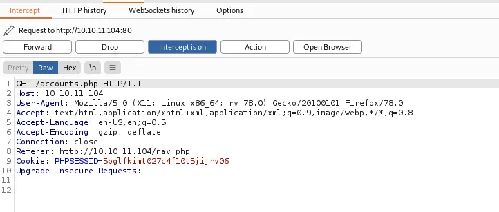 Burp Suite intercepting request to accounts.php