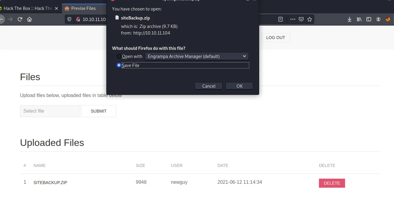Files page with SITEBACKUP.ZIP