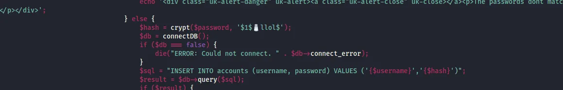 Source code showing delim form vulnerability